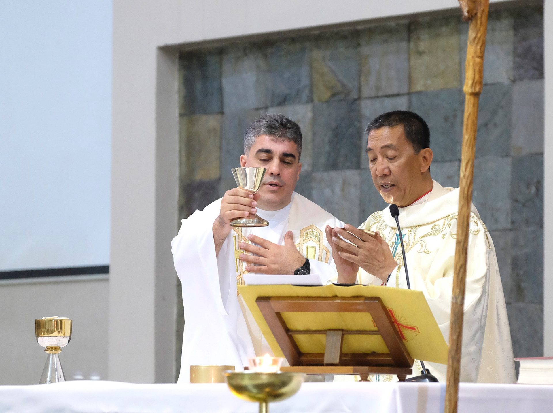 Fr David Domingues celebrates Mass, specifically the liturgy of the Eucharist. He holds aloft a chalice.