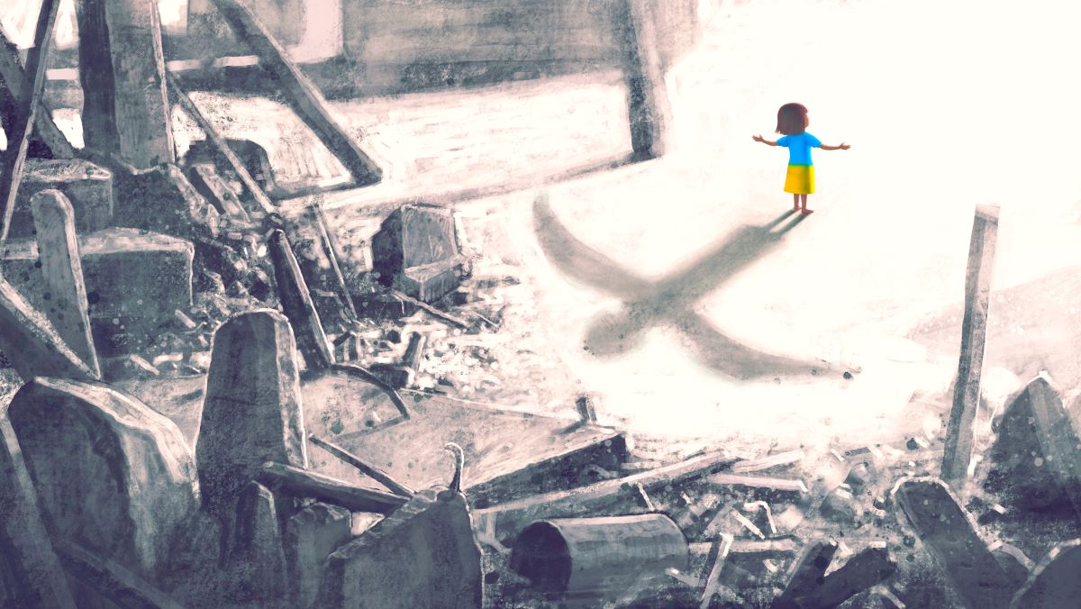 An illustration of a young girl standing amidst the rubble of bombed out buildings. Her arms are outstretched with her shadow revealing that of an angel.